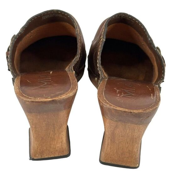MIA Wooden Clogs Mules Y2K Brown Distressed Leather Womens US Size 7 Chunky Heel - Picture 8 of 14